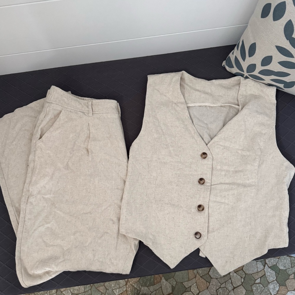 Elegant Linen Cream Women's Pants & Vest Set, Women’s XL